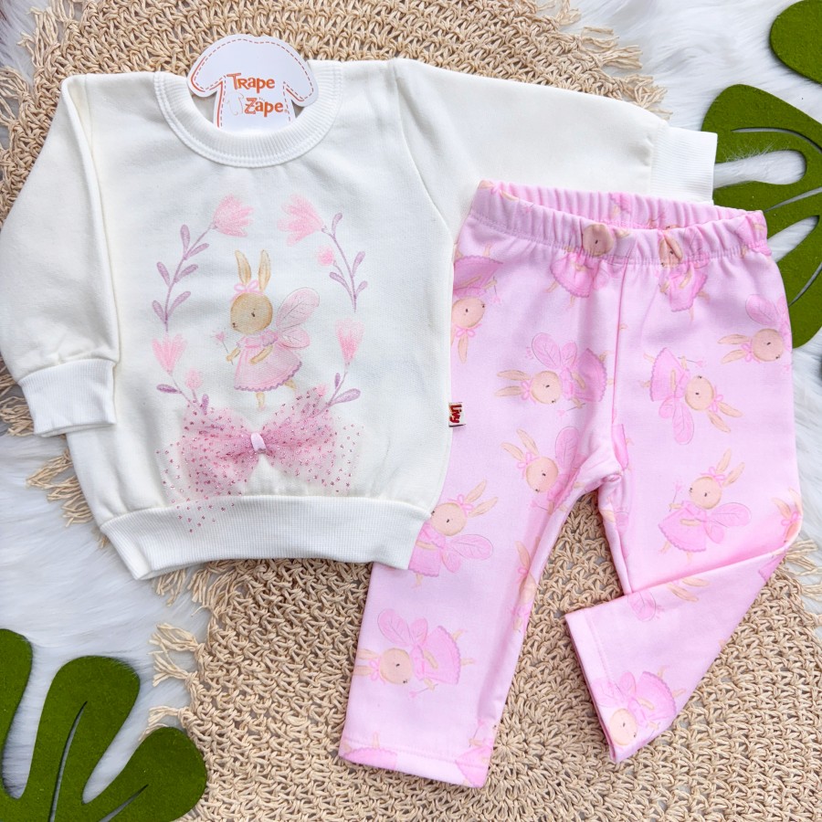 Conj. Casaco de Moletom Fada Coelhinha e Calça Legging - Off White e Rosa